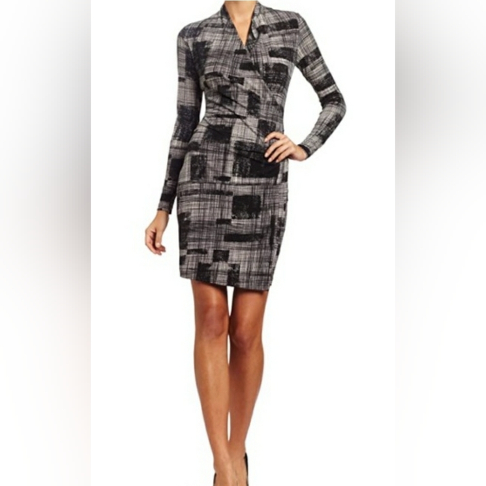 Kamalikulture Black White Abstract Print Faux Wrap Long Sleeve Dress Size S